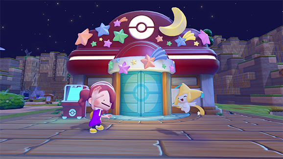 Pokémon Pokopia Wish Upon a Jirachi event screenshot: Jirachi floats beside a star- and moon-decorated Pokémon Center at night while the player character waves on the wooden platform.